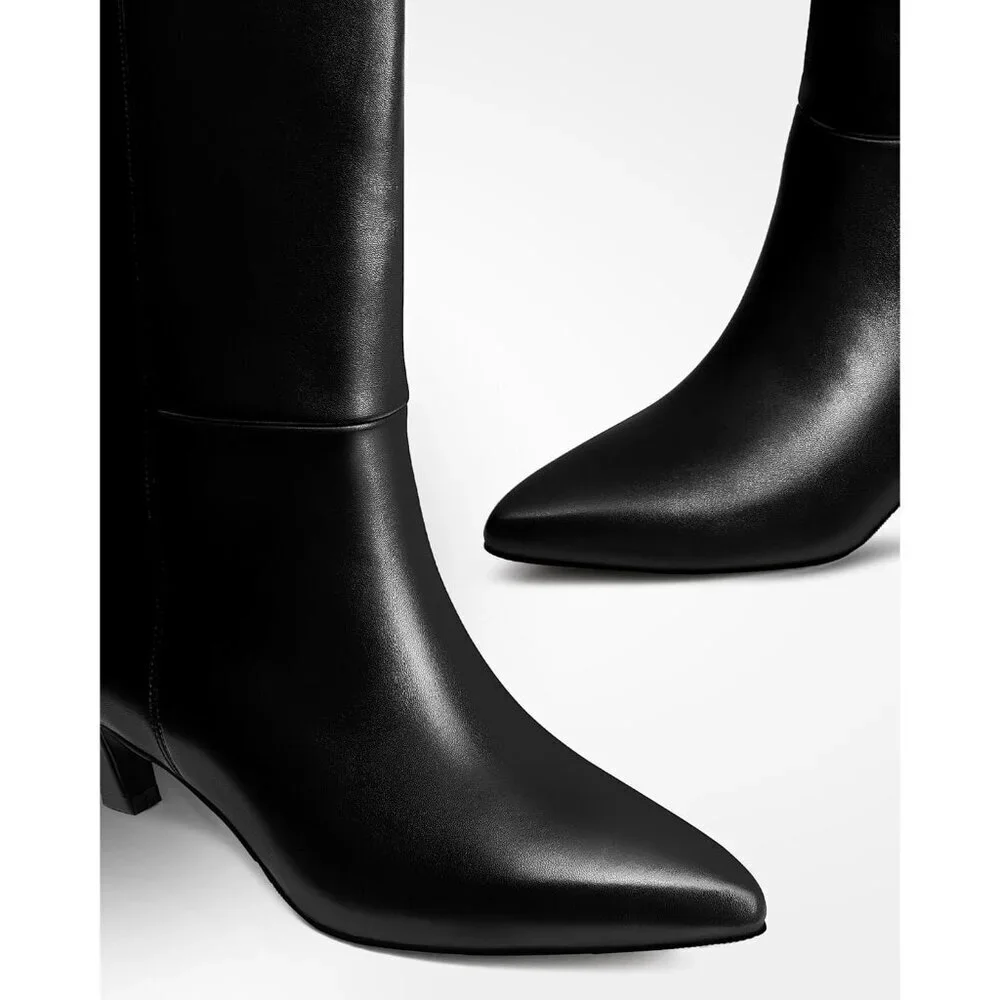 🆕Women Black-wide Calf Polyurethane Over the Knee Pointed Toe Block Heel Boot